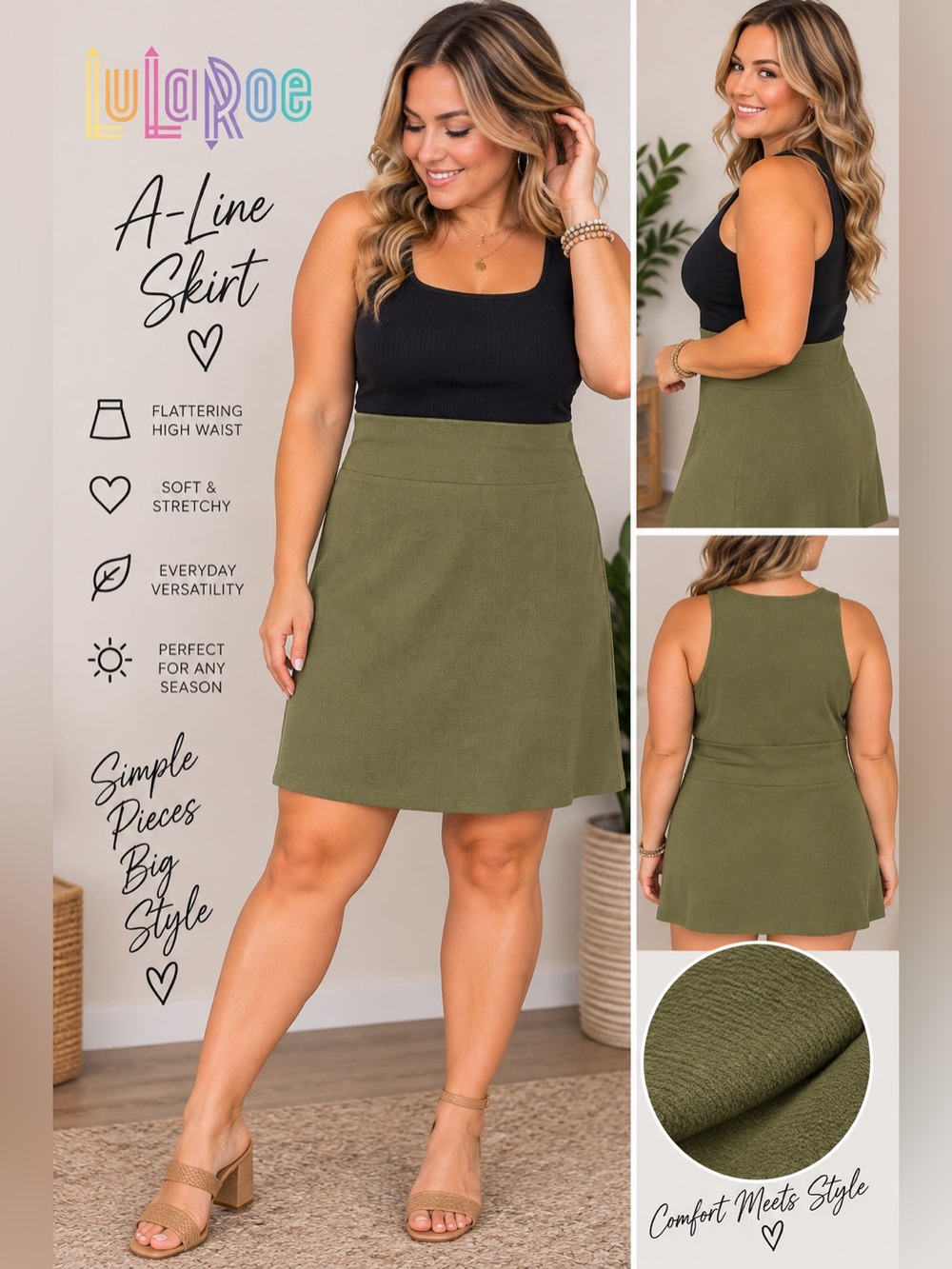 LuLaRoe Olive Green A-Line Skirt Size Large High Waist Stretch